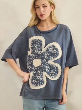 Sage + Fig floral patchwork Blue Floral Patch Oversized Short Sleeve Tee